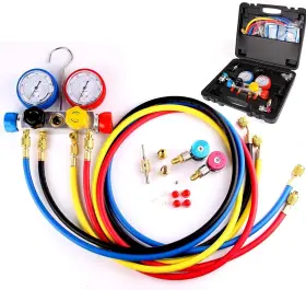 Aurelio Tech 691953043888 4 Way Ac Manifold Gauge Set R410a R22 R134a With Hoses Coupler Adapters 1/2 Inch Acme