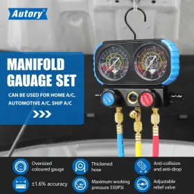 Mmt530 Autory Refrigerant Manifold Gauge Hvac Set 3 Way Ac Gauges With Hoses And Adapters #2