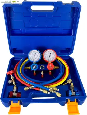 Hiatsu 705353898174 Professional Ac Manifold Gauge Set With Freon Recharge Kit - 3-way Hvac Gauges F