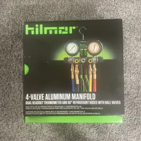 1839110 Hilmor New R410a 4-valve Manifold With Hose And Dual Readout Thermometer 1839110 Hilmor New R410a 4-valve Manifold With Hose And Dual Readout Thermometer