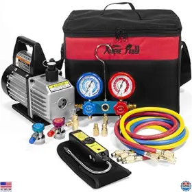 B016apro6q Husky 4cfm Air Vacuum Pump Hvac Refrigeration Kit With Manifold Gauge And Leak Detector