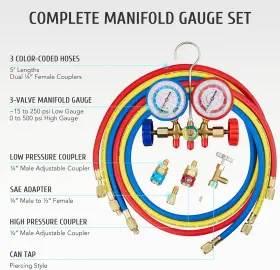 Orion Motor Tech 445038855872 Ac Gauges Automotive Gauge Set For R134a R12 R22 R502 3 Way Manifold Ga #3