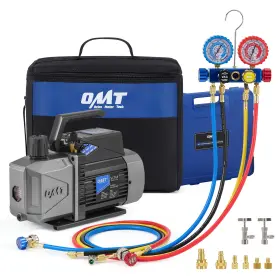 Orion Motor Tech 719868670798 Omt 5cfm Sparkless Ignition Proof Vacuum Pump And 4 Way Manifold Gauge Tool Set