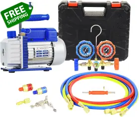 P Pbautos U-3cfm-01t 3cfm 1/4hp Single Stage Vacuum Pump And 3-way Manifold Gauge Set For R12 R22 R