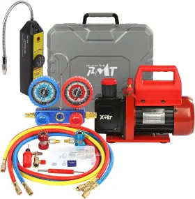 Pb Motor Tech Pbmt-3h1-r4.5cfmlp01 4.5 Cfm Pump With 3 Way Aluminum Manifold Gauge Leak Detector And Pvc Stora