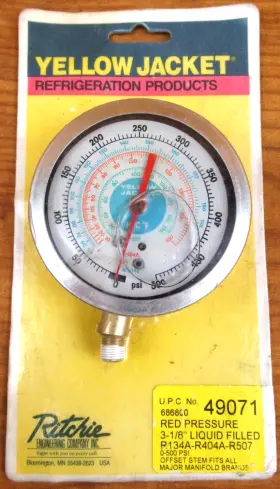 R404a Ritchie 686800490717 Yellow Jacket Red Pressure 3-1/8 Inch Liquid Filled R134a - R507 New