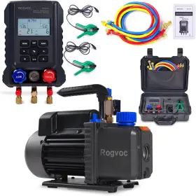 Rogvoc 445056947924 1/4 Hp Single Stage Vacuum Pump And Ac Gauges With 2 Thermometer Clamps For Hva