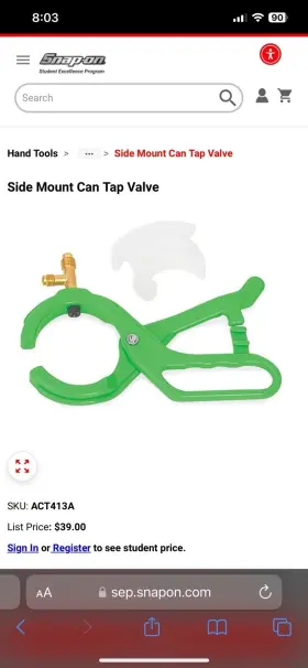 Snap-on Act413a New Snap-on Side Mount Can Tap Valve Green Charging Tool