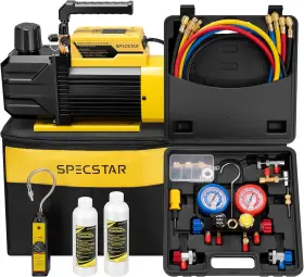 Specstar 744759759825 Vacuum Pump And 4 Way Ac Manifold Gauge Set With Leak Detector 5ft Hoses Acce