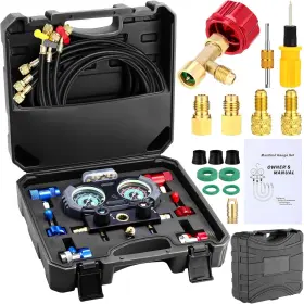 Jyd-threlaco-2404 Threlaco Automotive Hvac Diagnostic Gauge With 5ft Hoses Quick Couplers Tank Adapter Can
