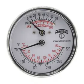 Winters Instruments 384929351550 2.5 Inch Tridicator Temperature And Pressure Gauge Back Mount 0-75 Psi 70 F-32