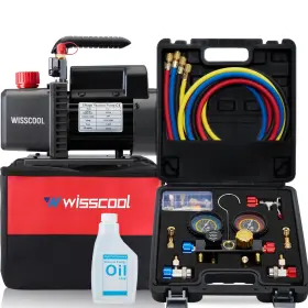 Wmg2-4.5 Wisscool 4.5cfm Ac Vacuum Pump 4 Way Gauge Kit With Hoses Bag R410a R134a R22 Recharging