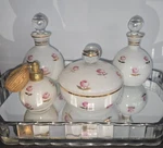 Vtg Czechoslovakia Vanity Set Pink Roses Gold Trim Powder Jar Bottles. Fixed Price $89.99.
